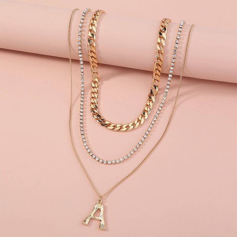 

3pcs Rhinestone & Letter Decor Chain Necklace, Gold