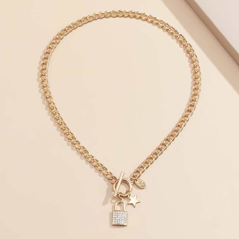 

Rhinestone Lock Pendant Necklace, Gold