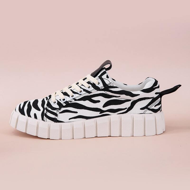 

Zebra Striped Lace-up Canvas Sneakers, Black and white