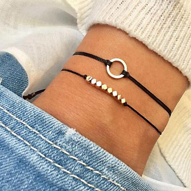 

2pcs Metal Decor String Anklet, Black