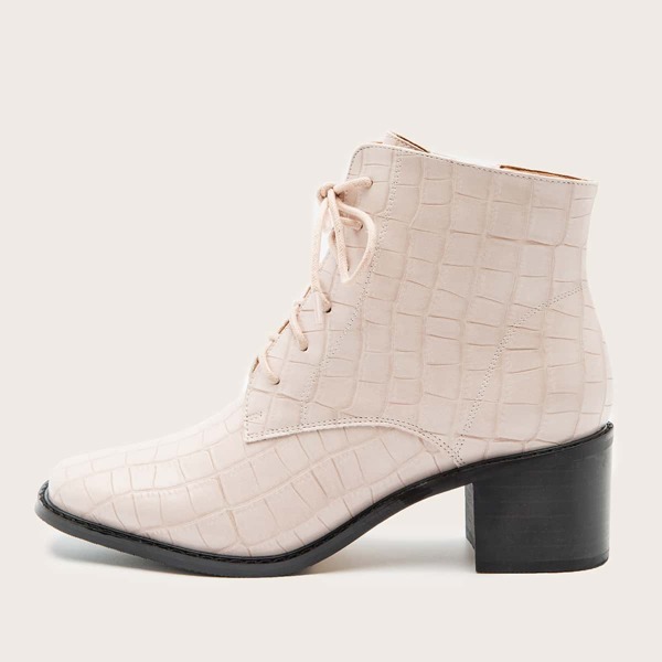 

Square Toe Croc Embossed Boots, Beige