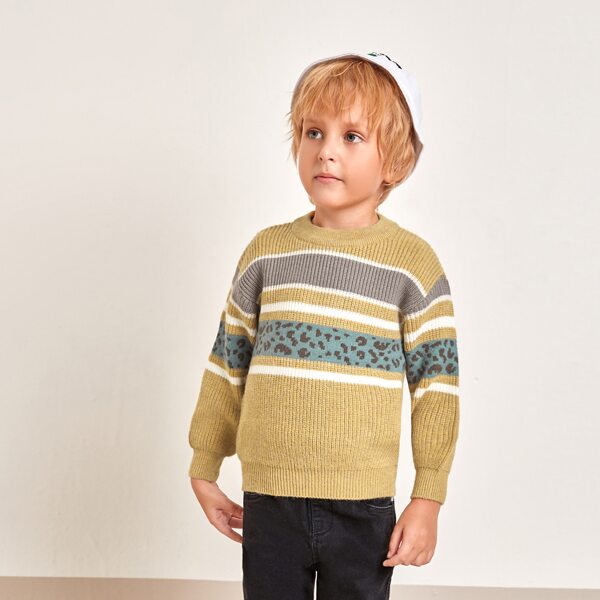

Toddler Boys Contrast Leopard Panel Sweater, Khaki