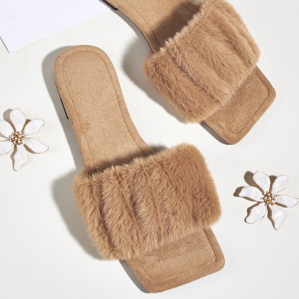 

Faux Fur Decor Slide Sandals, Khaki