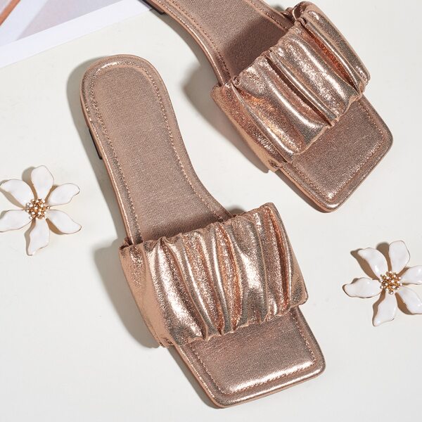 

Metallic Ruched Decor Slide Sandals, Rose gold
