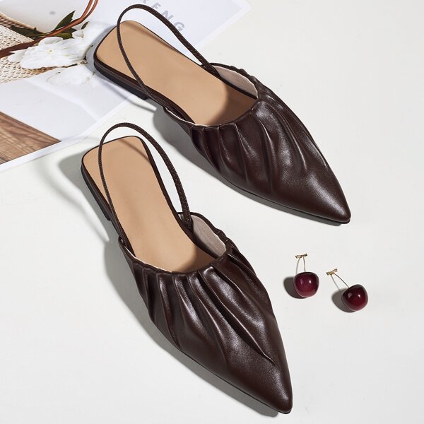 

Point Toe Ruched Decor Slingback Flats, Brown