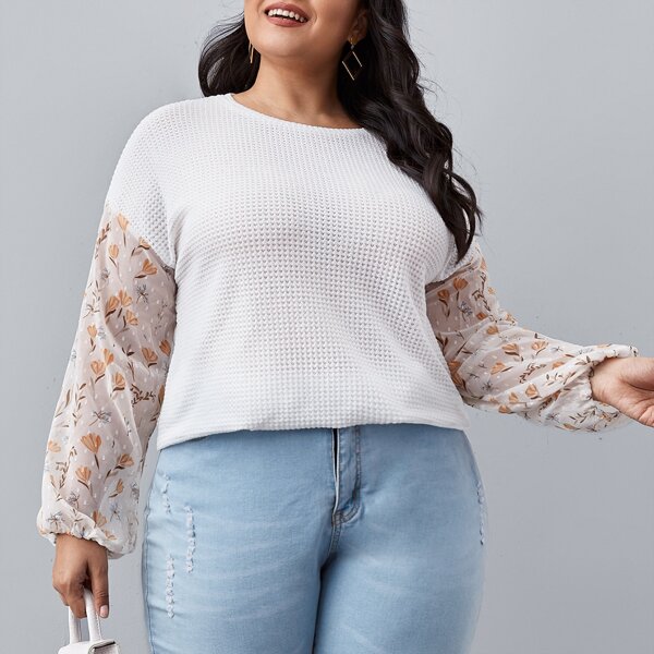 

Plus Contrast Sleeve Waffle Knit Top, White