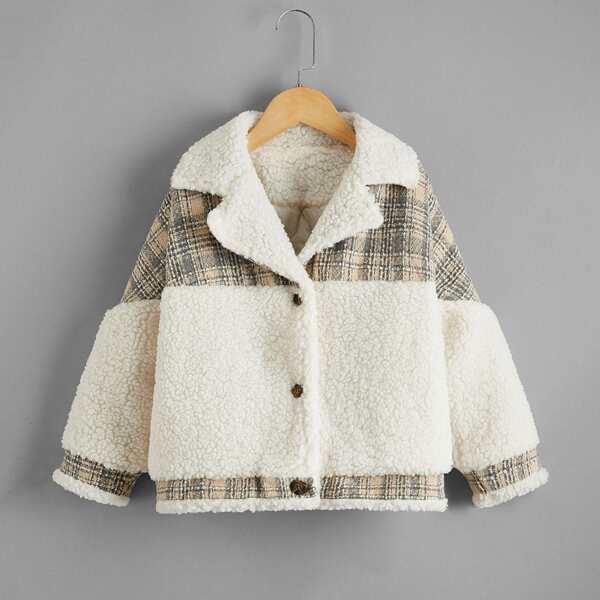 

Girls Contrast Plaid Lapel Neck Teddy Coat, Beige