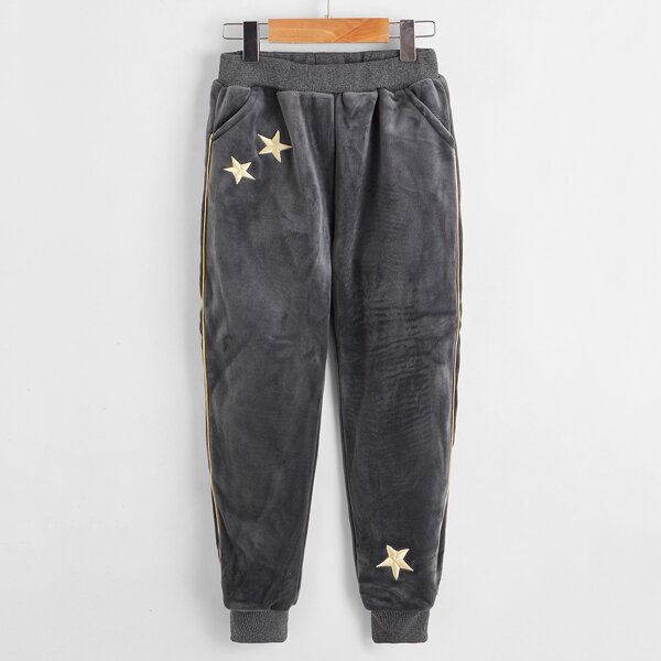 

Girls Velvet Star Embroidery Sweatpants, Dark grey
