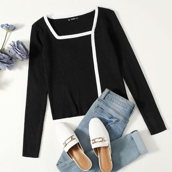

Square Neck Contrast Trim Sweater, Black