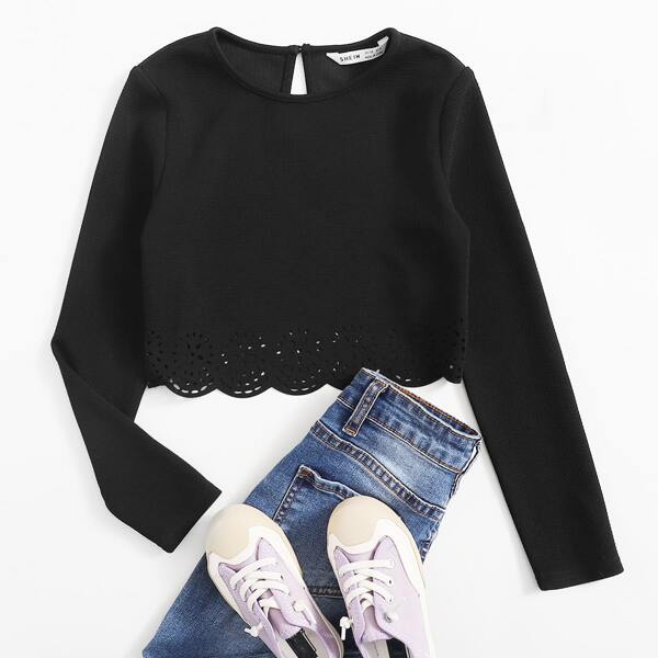 

Girls Laser Cut Scallop Edge Top, Black