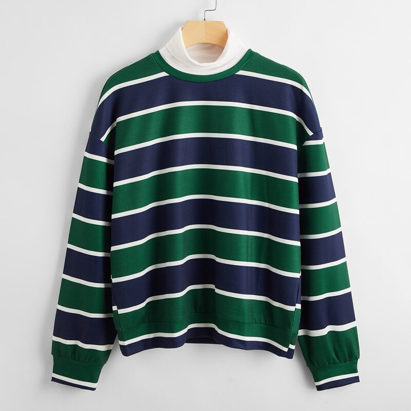 

High Neck Striped Pattern Sweatshirt, Multicolor