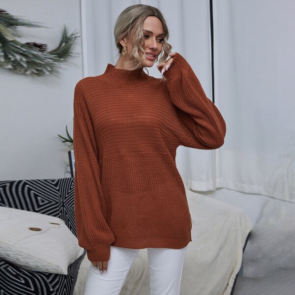 

Funnel Neck Batwing Sleeve Sweater, Rust brown