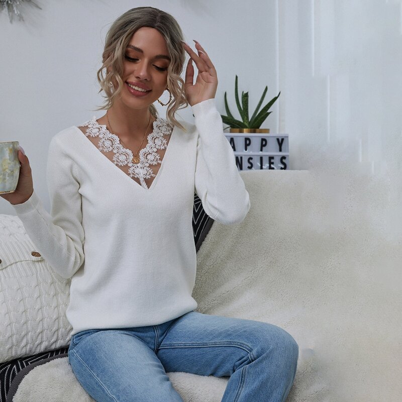 

Solid Lace Trim V Neck Sweater, White