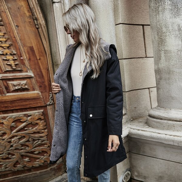 

Flap Pocket Sherpa Lined Hooded Coat, Black
