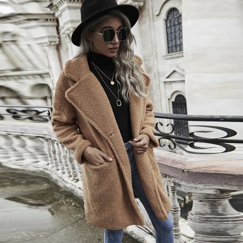 

Lapel Collar Dual Pockets Teddy Coat, Brown