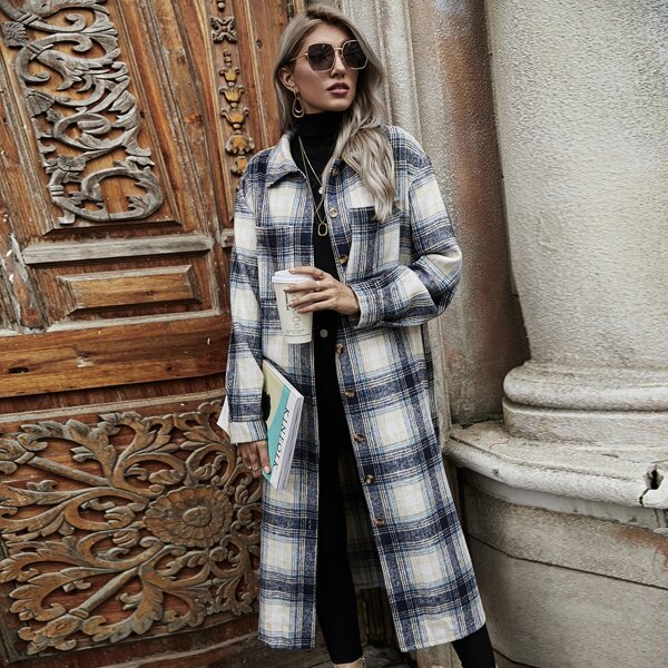 

Plaid Pocket Patched Button Front Coat, Black and white