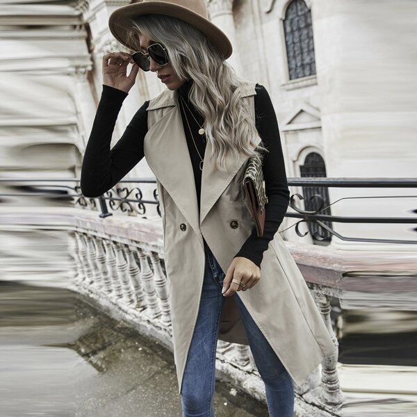

Lapel Collar Double Button Belted Trench Coat, Beige
