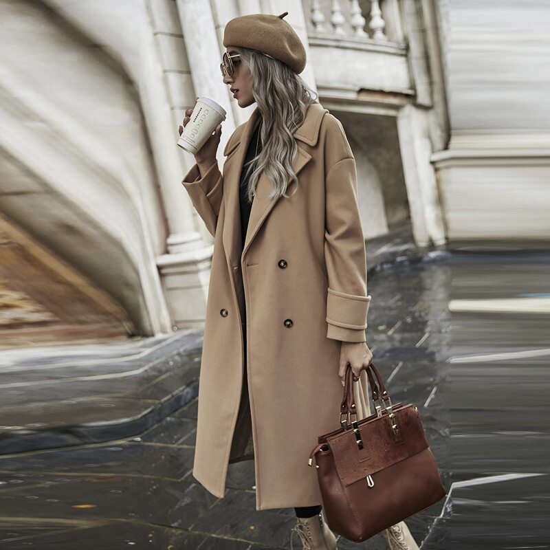 

Lapel Collar Double Breasted Coat, Khaki