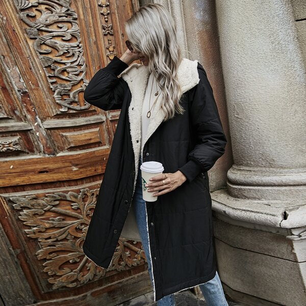 

Teddy Lined Hooded Puffer Coat, Black