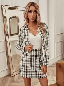 Chiquease Tweed Plaid Jacket With Pearls Button Front Skirt - Black and White - View 3