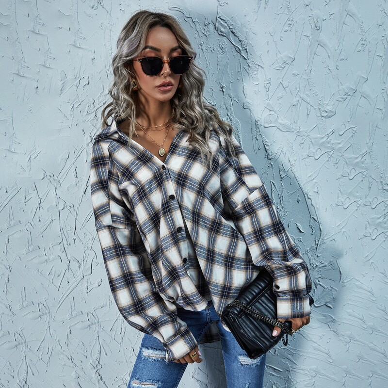 

Oversized Button Up Plaid Blouse, Multicolor