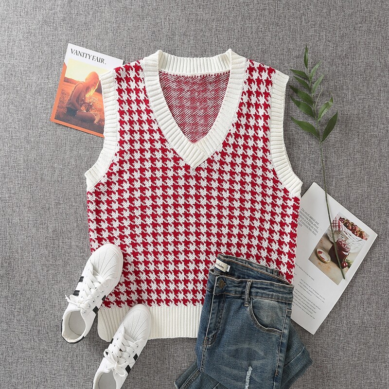 

V-neck Houndstooth Pattern Sweater Vest, Red and white
