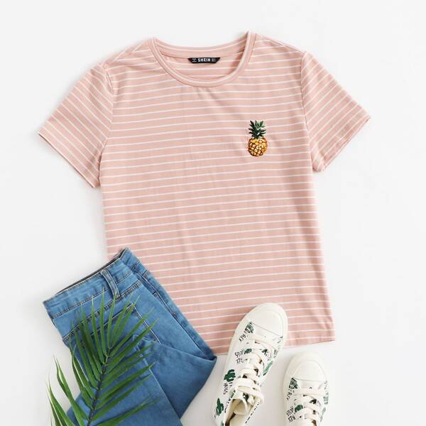 

Plus Striped Embroidered Pineapple Tee, Baby pink