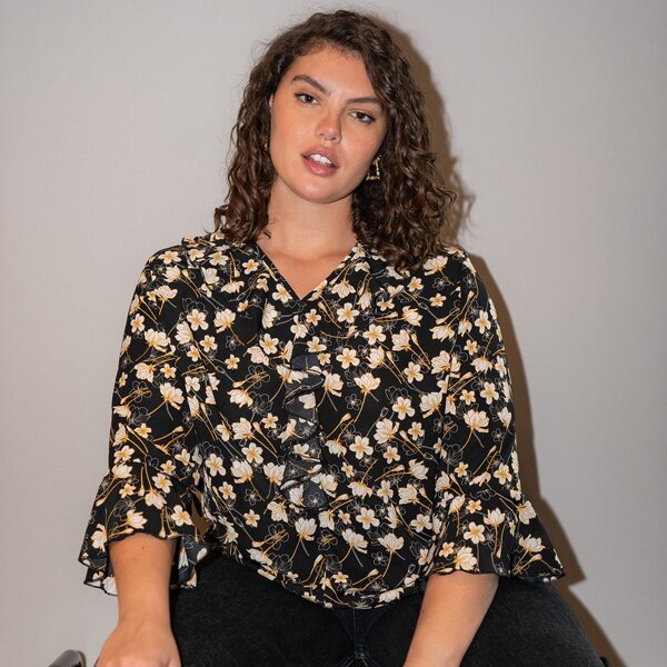 

Plus Allover Floral Ruffle Trim Blouse, Multicolor