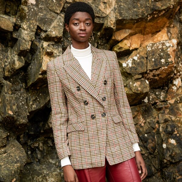 

Notched Collar Double Breasted Houndstooth Tweed Blazer, Multicolor