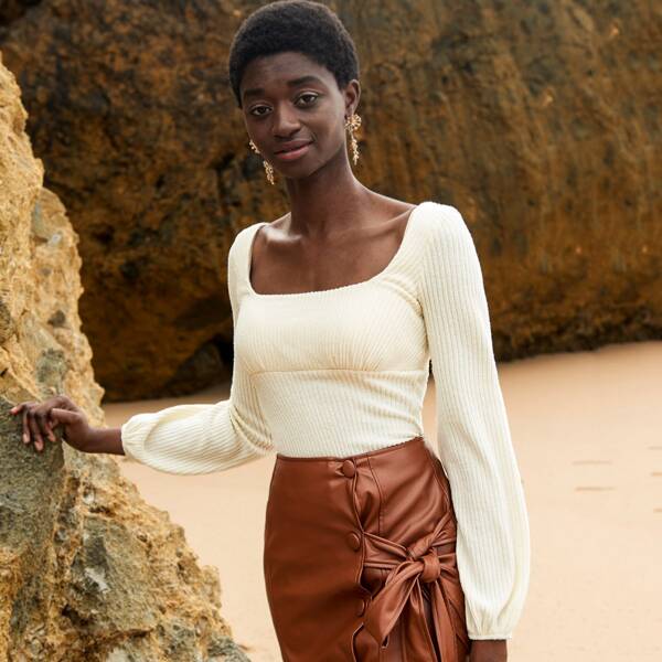 

Square Neck Rib-knit Tee, Beige