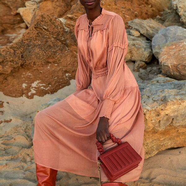 

Tie Neck Frill Trim Shirred Panel Dress, Coral pink