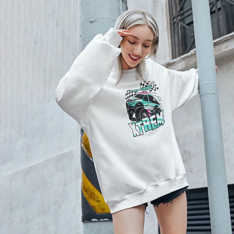 

Car & Letter Graphic Oversized Sweatshirt, White