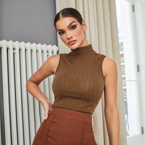 

High Neck Solid Tank Top, Brown