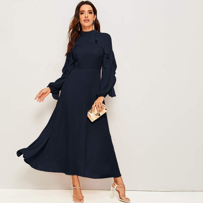 

Flounce Trim Lantern Sleeve Fit & Flare Dress, Navy blue