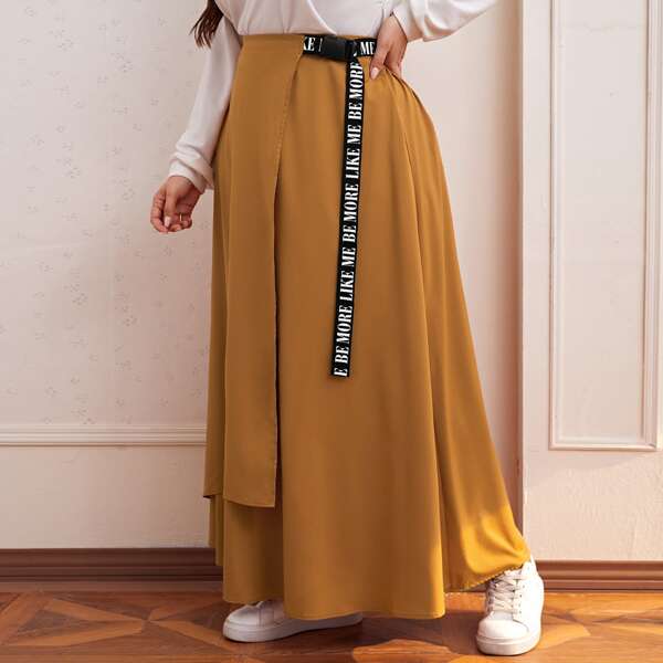 

Plus Letter Graphic Push Buckle Belted Wrap Skirt, Mustard yellow