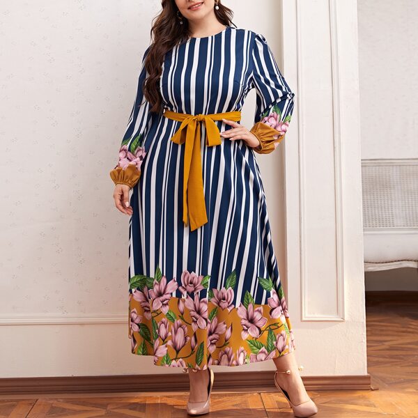 

Plus Floral & Striped Print Belted Dress, Blue and white