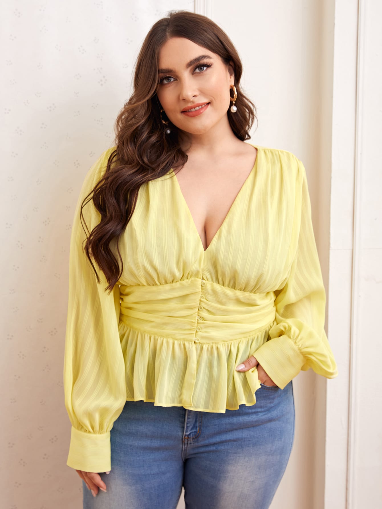 Plus V-neck Lantern Sleeve Ruched Waist Peplum Top thumbnail