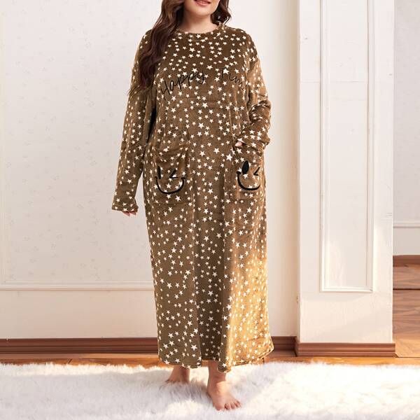 

Plus Drop Shoulder Embroidery Letter & Cartoon Allover Star Flannel Nightdress, Mocha brown