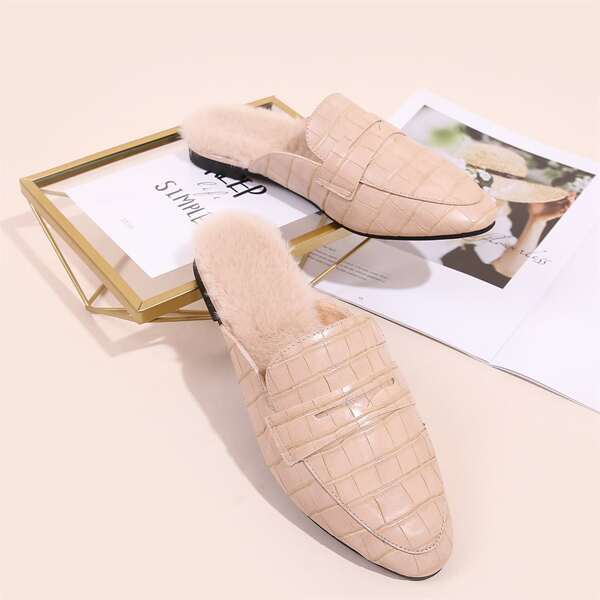 

Croc Embossed Fluffy Mules, Apricot