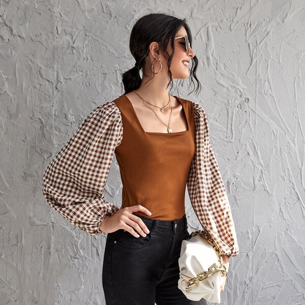 

Square Neck Gingham Lantern Sleeve Top, Brown