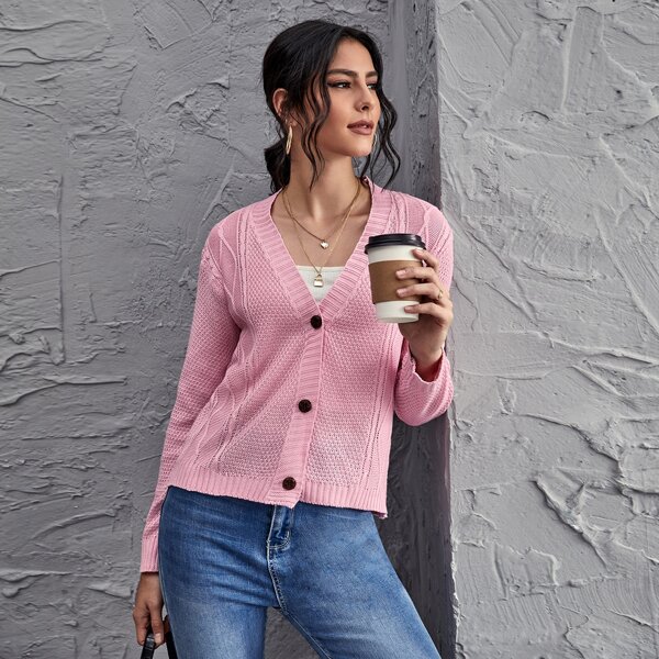 

Button Front Waffle Knit Cardigan, Baby pink