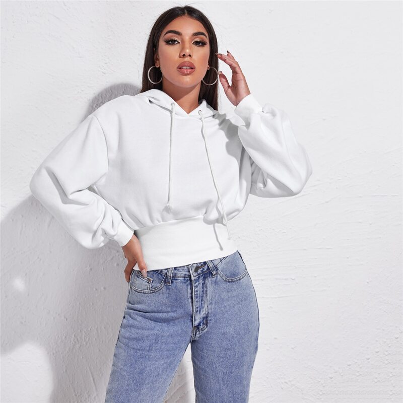 

Drop Shoulder Wide Hem Drawstring Hoodie, White