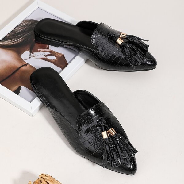 

Tassel Decor Croc Embossed Mules, Black