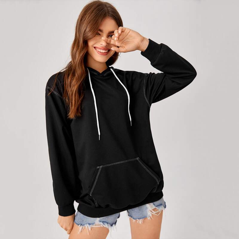 

Contrast Stitching Drawstring Oversized Hoodie, Black