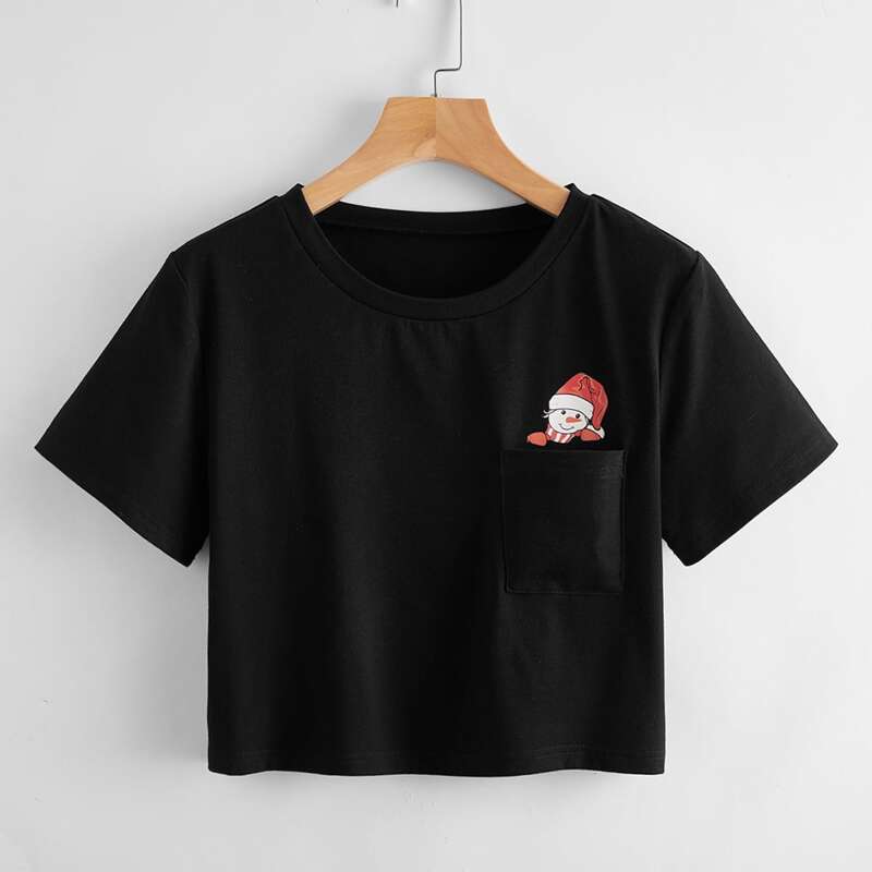 

Christmas Snowman Graphic Pocket Crop Tee, Black
