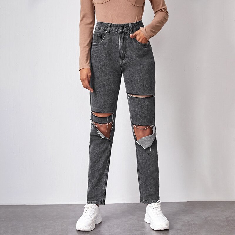 

High Waist Slant Pocket Ripped Straight Jeans, Dark grey