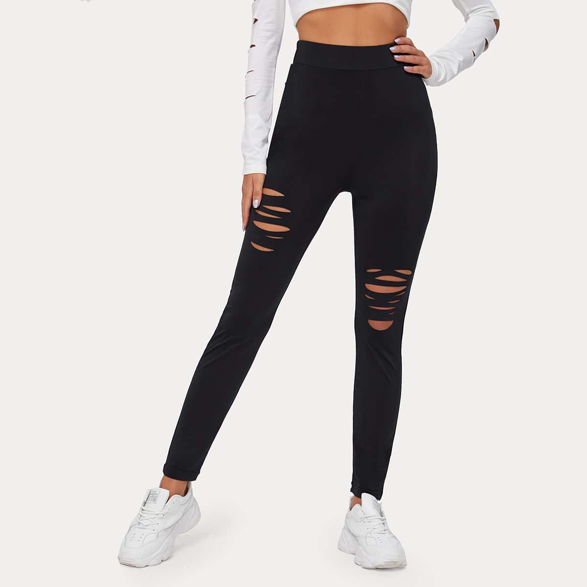 

Solid Ripped High Waist Leggings, Black