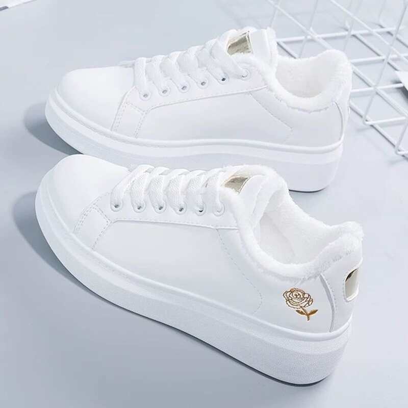 

Floral Lace-up Fluffy Skate Shoes, White