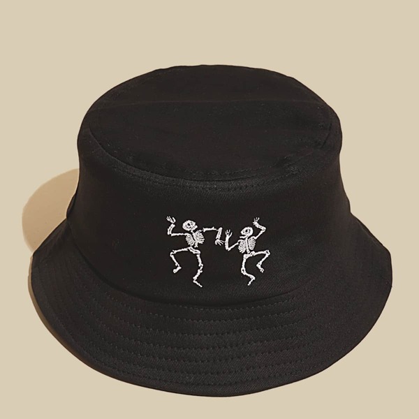 

Men Skeleton Embroidery Bucket Hat, Black