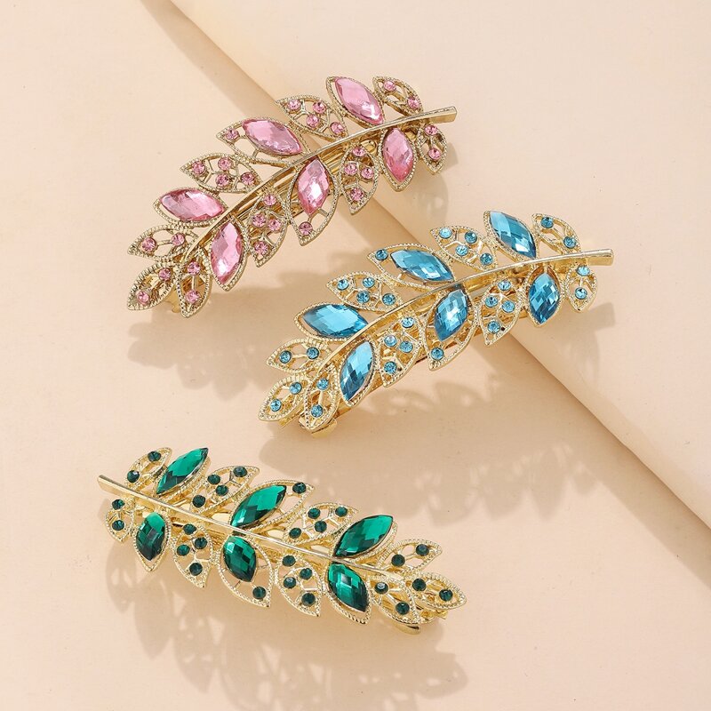 

3pcs Rhinestone Decor Leaf Design Hair Clip, Multicolor